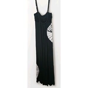 Boho Jersey Tie-dye Maxi Dress Black White Braided Straps Sz M Hippie Vibes #229